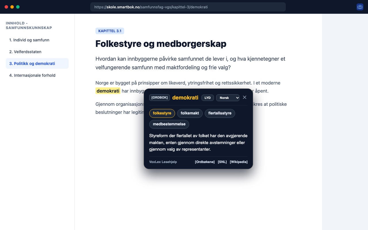 VoxLex Companion i bruk på en digital lærebok